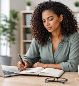 Mulher jovem sentada em uma mesa de escritório, olhando pensativa para um caderno aberto enquanto segura uma caneta.