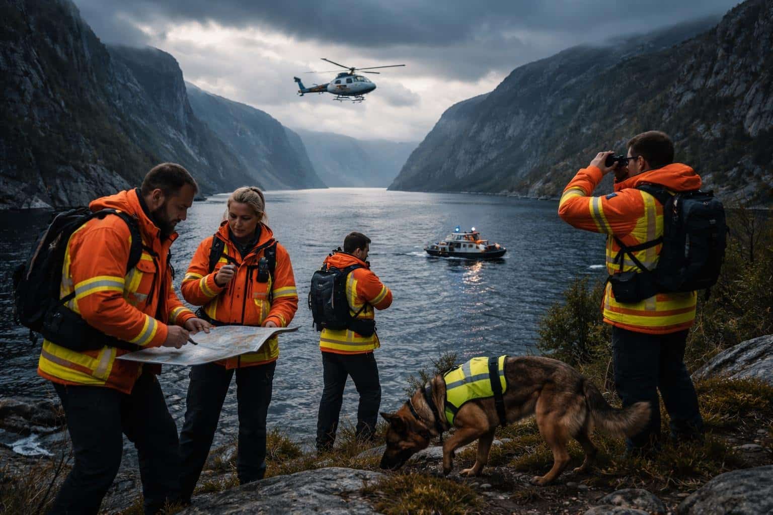 Equipe de busca e resgate em um fiorde na Noruega, com penhascos, água azul, um barco de resgate e um helicóptero no céu.