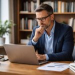 Homem pensativo sentado em uma mesa de escritório moderna, olhando para um laptop com livros e papéis ao redor.