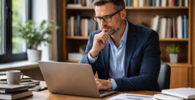 Homem pensativo sentado em uma mesa de escritório moderna, olhando para um laptop com livros e papéis ao redor.