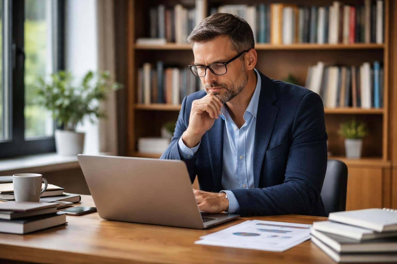 Homem pensativo sentado em uma mesa de escritório moderna, olhando para um laptop com livros e papéis ao redor.