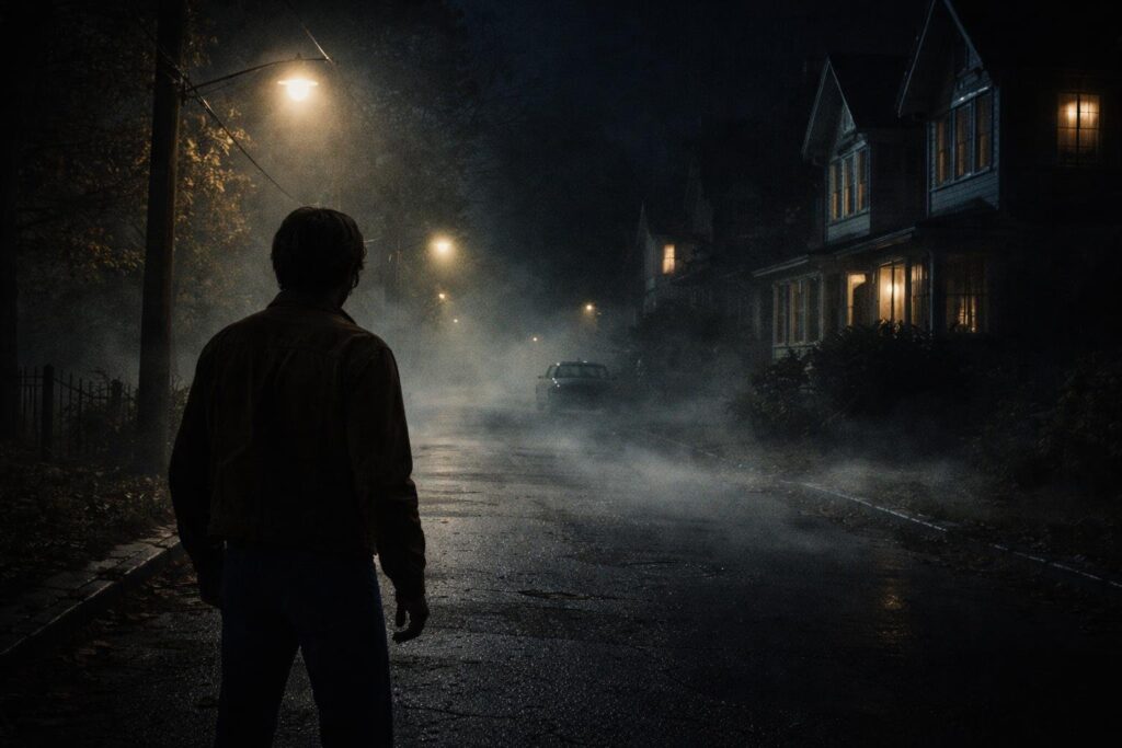 Rua deserta à noite com casas antigas, neblina baixa e uma pessoa solitária em roupas dos anos 1970.