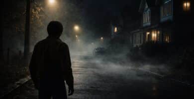 Rua deserta à noite com casas antigas, neblina baixa e uma pessoa solitária em roupas dos anos 1970.