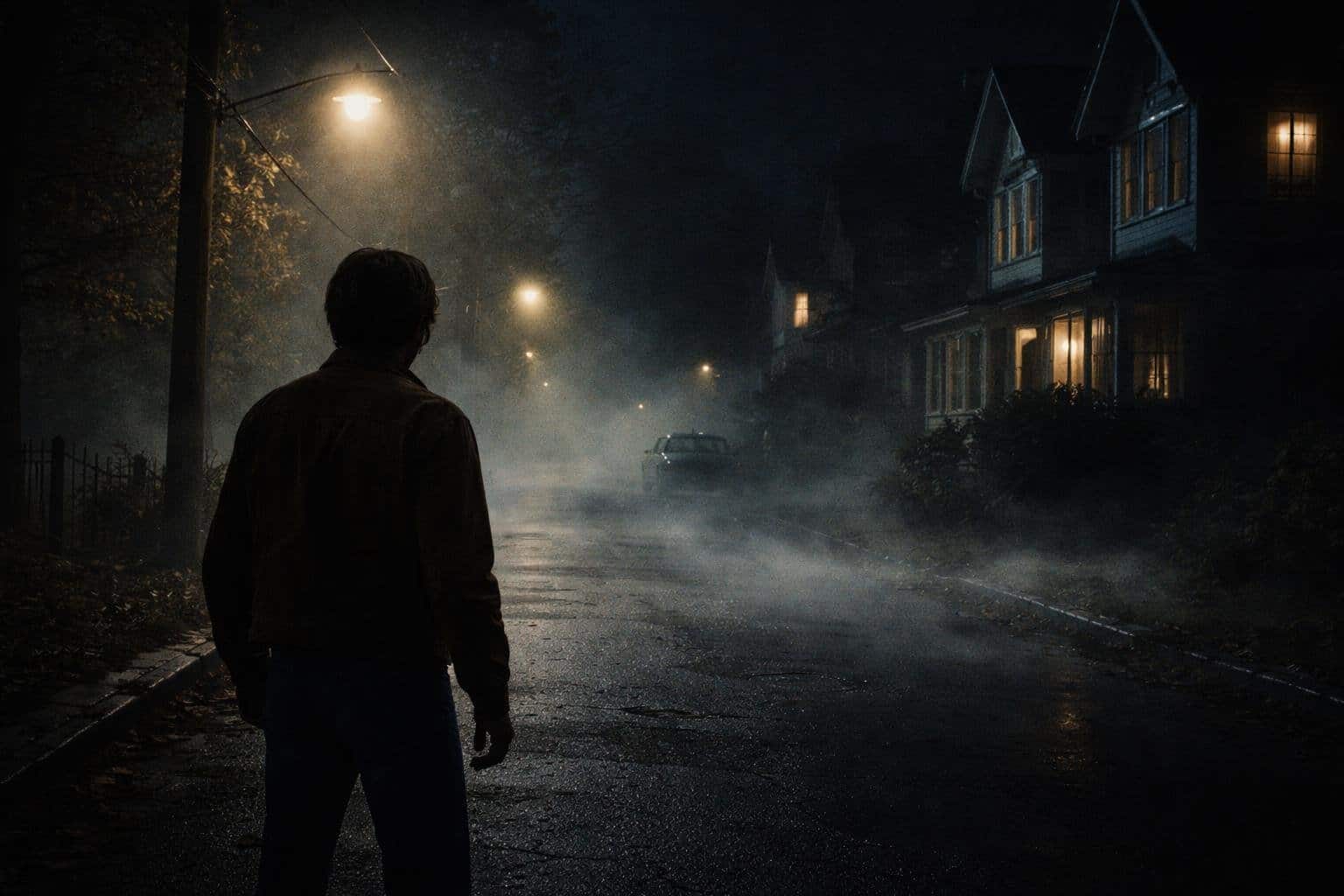 Rua deserta à noite com casas antigas, neblina baixa e uma pessoa solitária em roupas dos anos 1970.