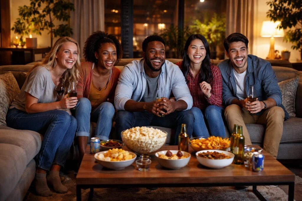 Um grupo diverso de amigos assistindo juntos a uma série em uma sala de estar aconchegante, sorrindo e se divertindo.
