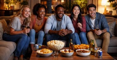 Um grupo diverso de amigos assistindo juntos a uma série em uma sala de estar aconchegante, sorrindo e se divertindo.