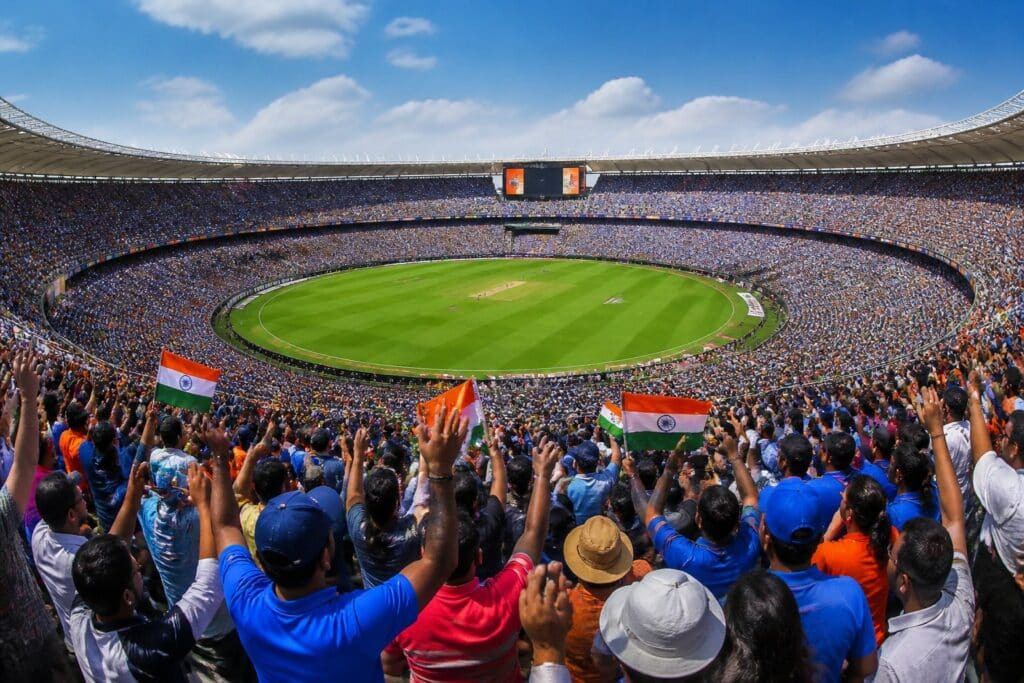 Grande estádio ao ar livre lotado com milhares de pessoas assistindo a um evento, com público diverso e animado.
