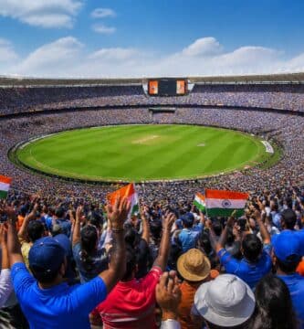 Grande estádio ao ar livre lotado com milhares de pessoas assistindo a um evento, com público diverso e animado.