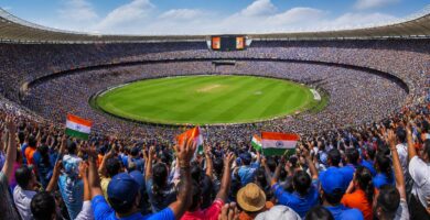 Grande estádio ao ar livre lotado com milhares de pessoas assistindo a um evento, com público diverso e animado.