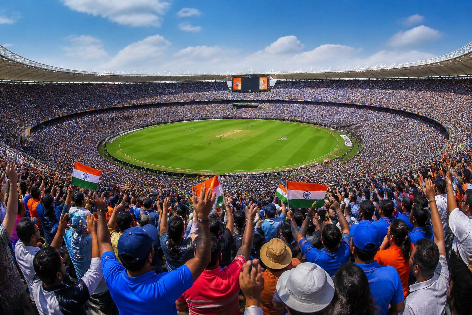 Grande estádio ao ar livre lotado com milhares de pessoas assistindo a um evento, com público diverso e animado.