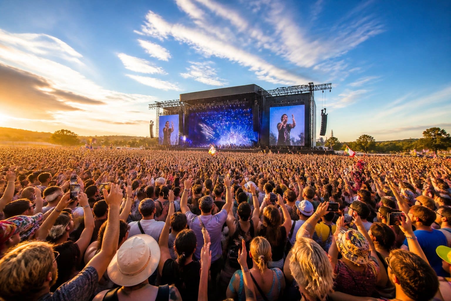 Multidão enorme em um show ao ar livre, com palco grande e público animado durante o pôr do sol.