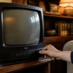 Pessoa ajustando o canal em uma televisão antiga da LG em uma sala aconchegante.