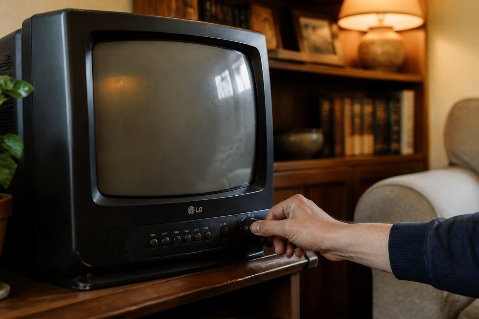 Pessoa ajustando o canal em uma televisão antiga da LG em uma sala aconchegante.
