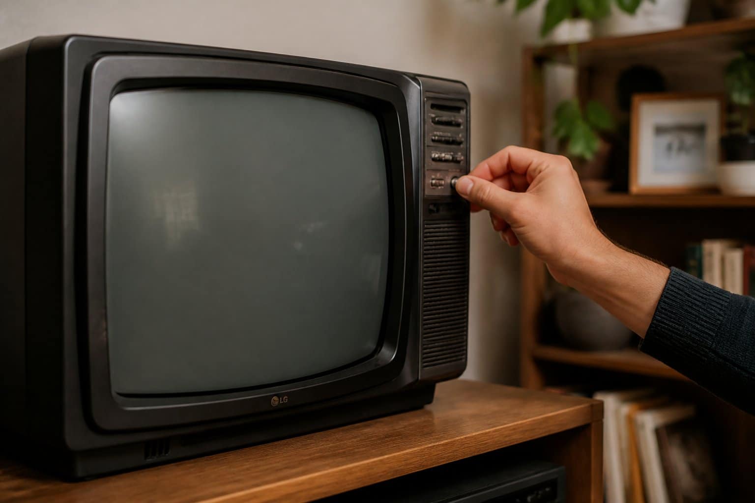 Pessoa ajustando os canais em uma televisão antiga da LG em uma sala de estar.