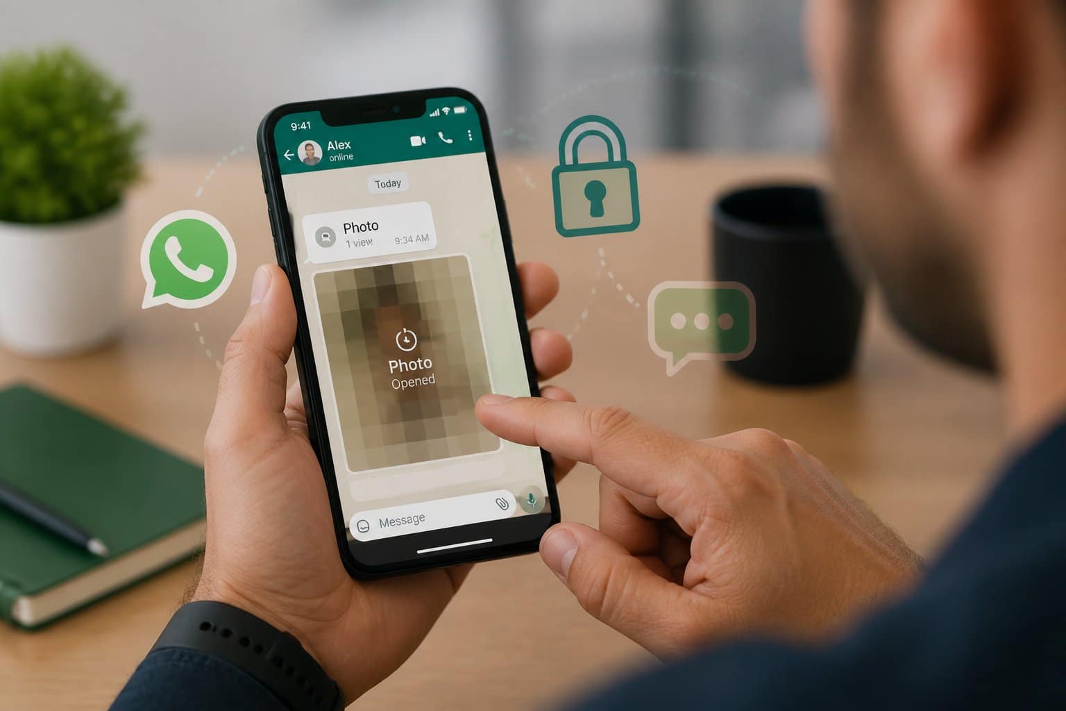 Pessoa segurando um smartphone mostrando uma foto de visualização única em um aplicativo de mensagens.