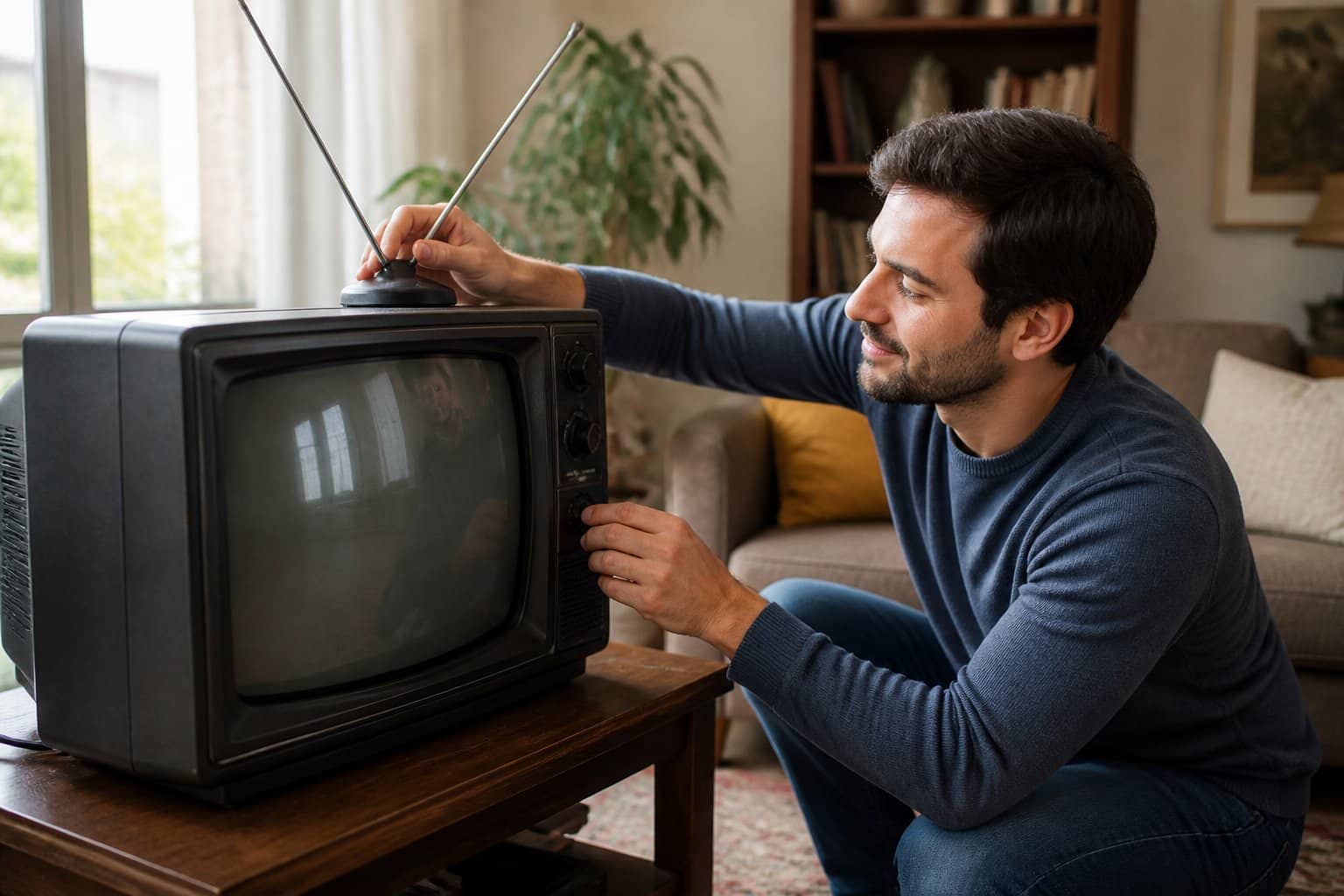 Pessoa ajustando a antena ou controle remoto de uma televisão LG antiga em uma sala de estar aconchegante.