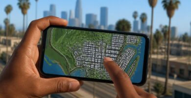Pessoa segurando um smartphone mostrando um mapa detalhado na tela, com um fundo urbano desfocado.