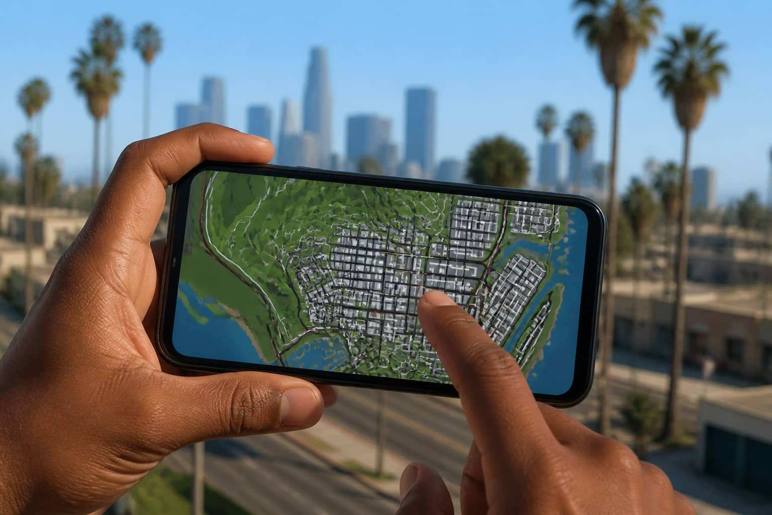 Pessoa segurando um smartphone mostrando um mapa detalhado na tela, com um fundo urbano desfocado.