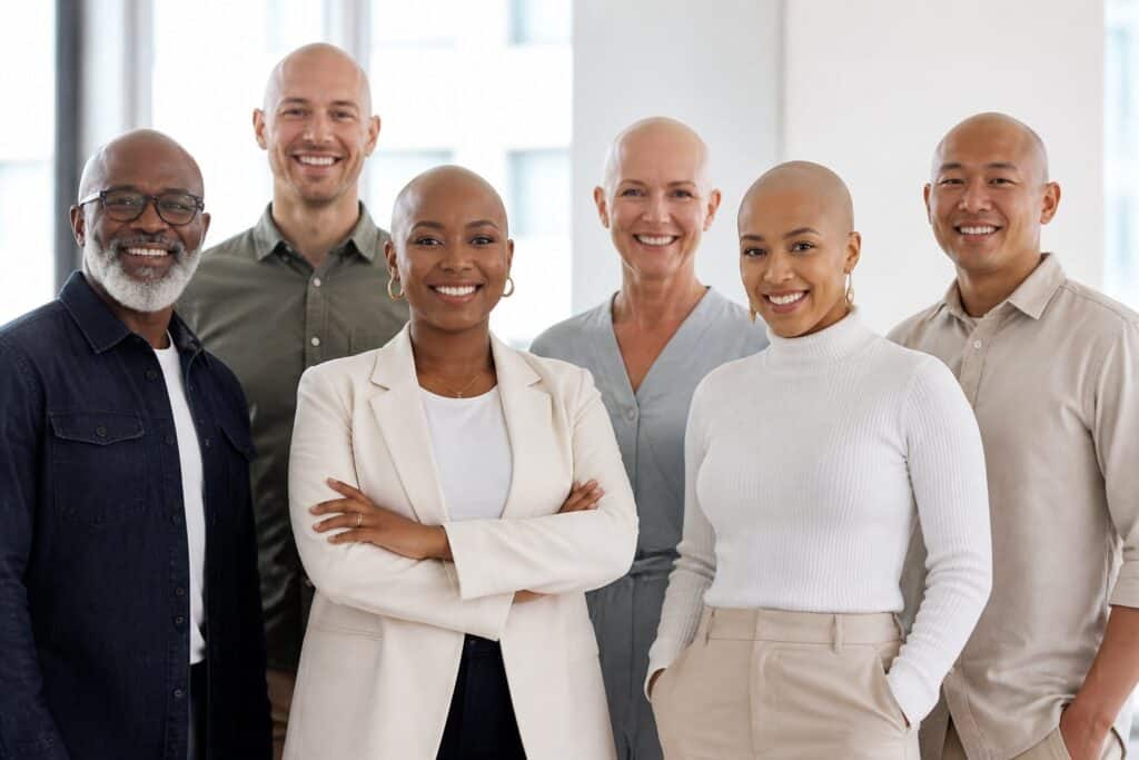Grupo diversificado de pessoas calvas em um ambiente de escritório, sorrindo e interagindo amigavelmente.