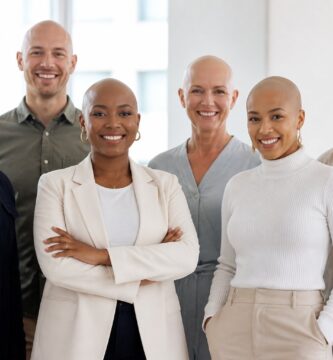 Grupo diversificado de pessoas calvas em um ambiente de escritório, sorrindo e interagindo amigavelmente.