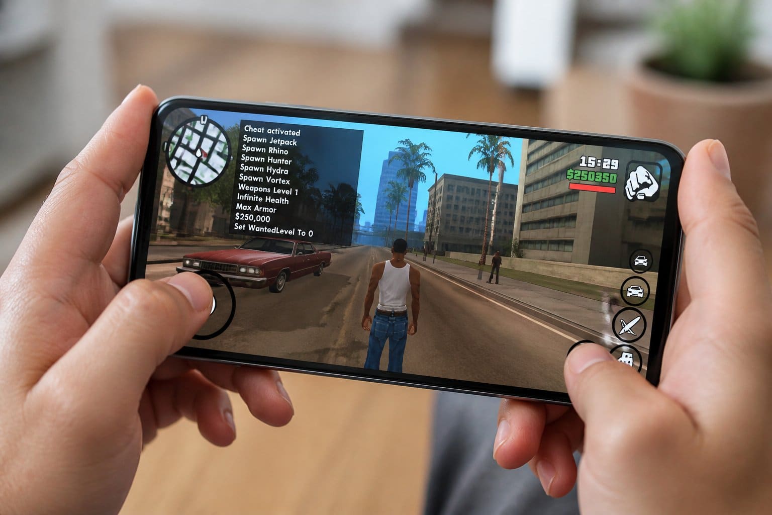 Pessoa segurando um smartphone mostrando um jogo de mundo aberto na tela, com um cenário urbano e personagens visíveis.