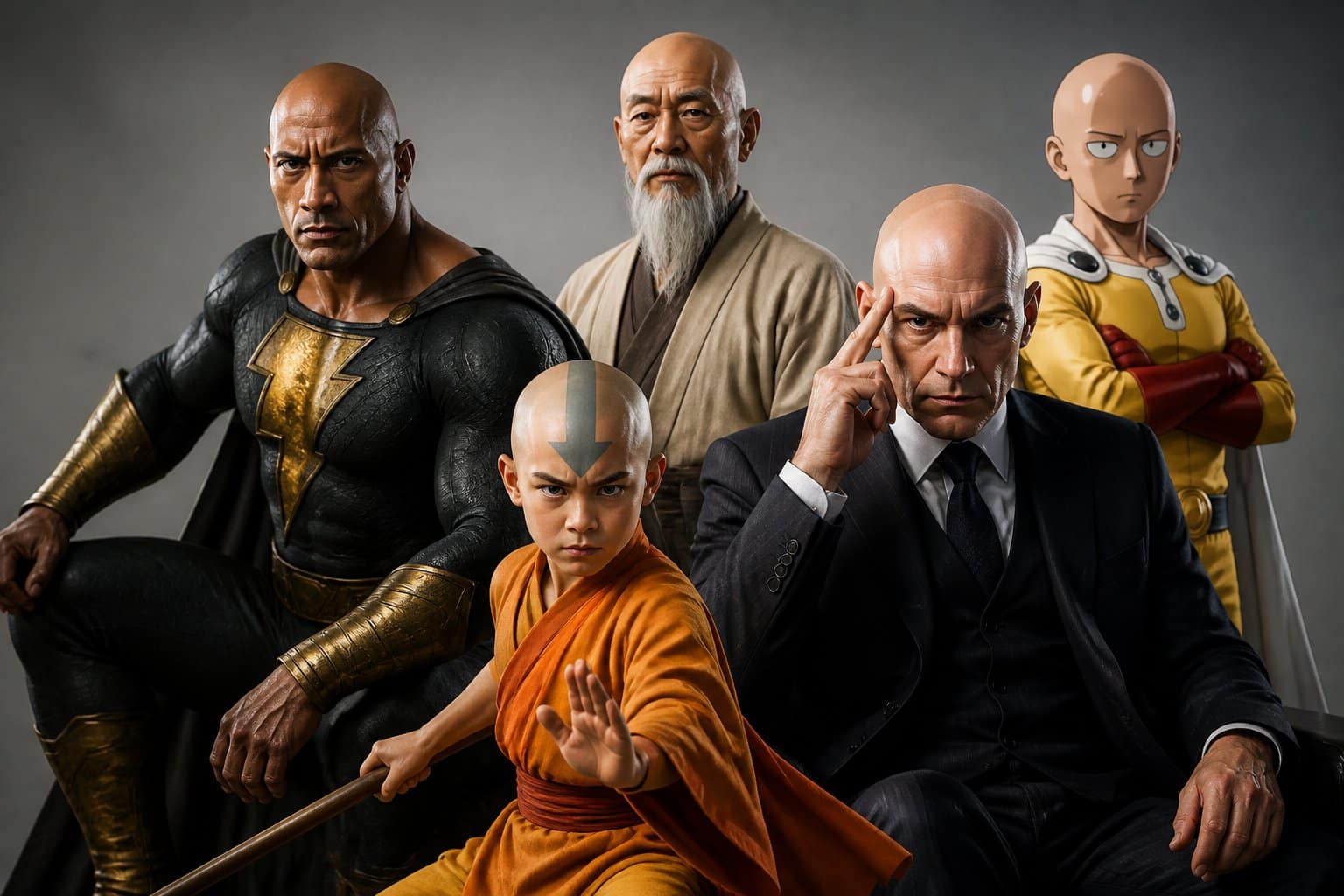 Grupo diversificado de personagens calvos famosos da cultura pop e animes em poses confiantes e expressivas, com fundo simples.