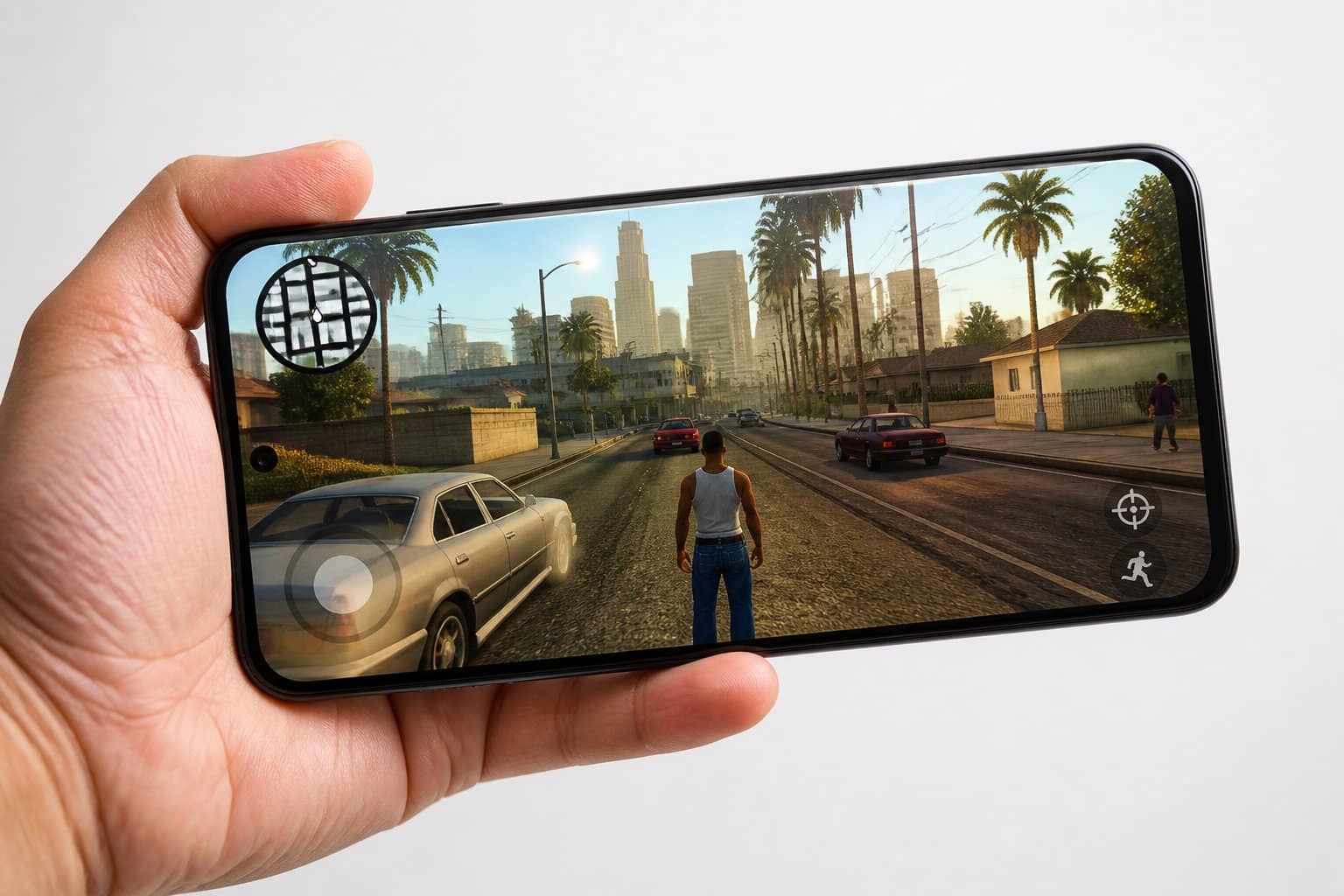 Uma mão segurando um smartphone que mostra uma cena de jogo urbana com carros e personagens em uma cidade.