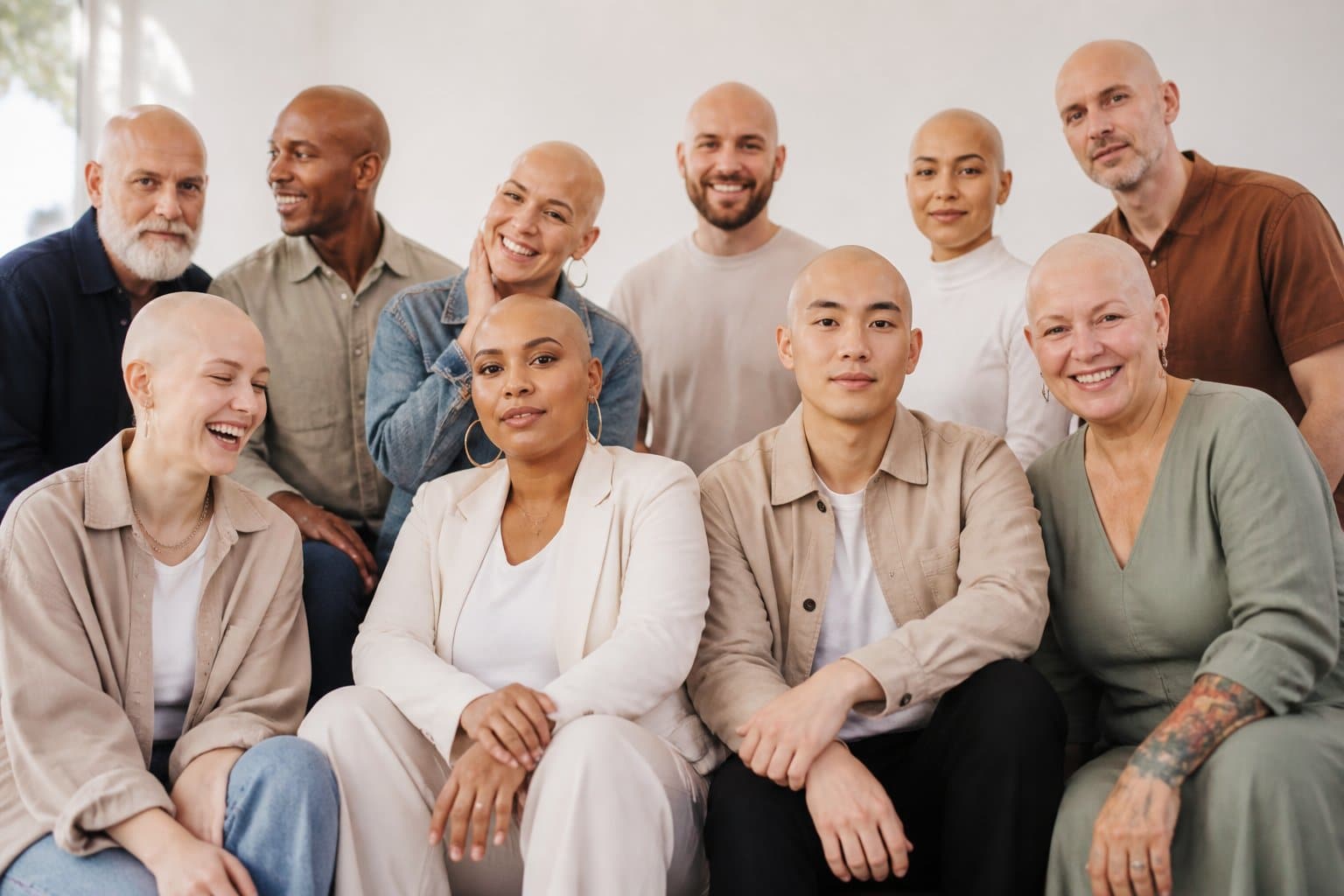 Grupo diverso de pessoas calvas em um ambiente moderno, mostrando confiança, sorriso e empoderamento.