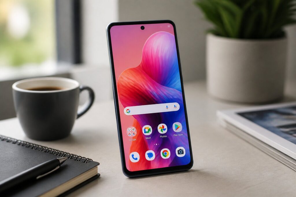 Um smartphone Moto G24 sobre uma mesa com um caderno, caneta e uma xícara de café ao redor.
