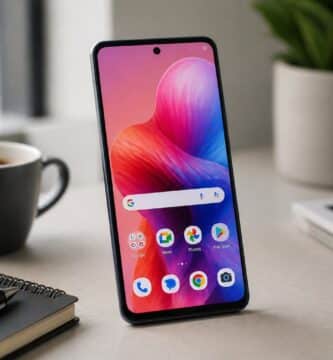 Um smartphone Moto G24 sobre uma mesa com um caderno, caneta e uma xícara de café ao redor.