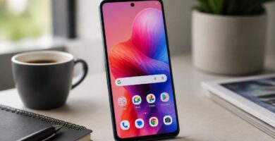 Um smartphone Moto G24 sobre uma mesa com um caderno, caneta e uma xícara de café ao redor.