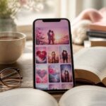 Um smartphone em uma mesa de madeira mostrando um aplicativo de livros de romance, cercado por livros abertos, óculos de leitura e uma xícara de chá, em um ambiente aconchegante.