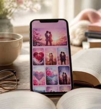 Um smartphone em uma mesa de madeira mostrando um aplicativo de livros de romance, cercado por livros abertos, óculos de leitura e uma xícara de chá, em um ambiente aconchegante.