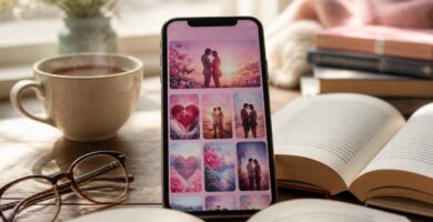 Um smartphone em uma mesa de madeira mostrando um aplicativo de livros de romance, cercado por livros abertos, óculos de leitura e uma xícara de chá, em um ambiente aconchegante.