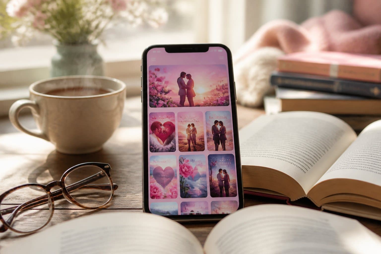 Um smartphone em uma mesa de madeira mostrando um aplicativo de livros de romance, cercado por livros abertos, óculos de leitura e uma xícara de chá, em um ambiente aconchegante.