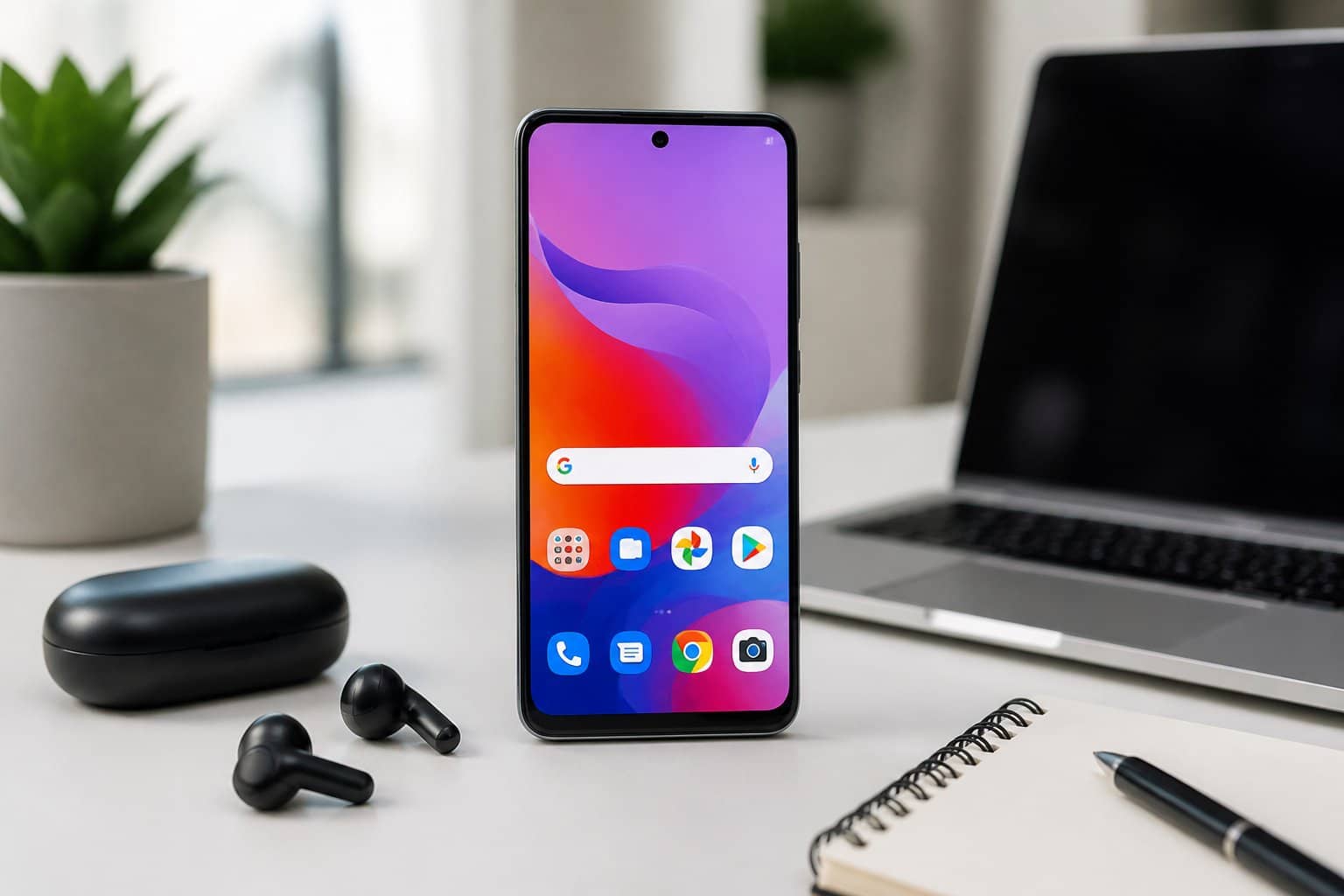 Smartphone Moto G24 sobre uma mesa moderna com acessórios tecnológicos ao redor, em ambiente iluminado e organizado.