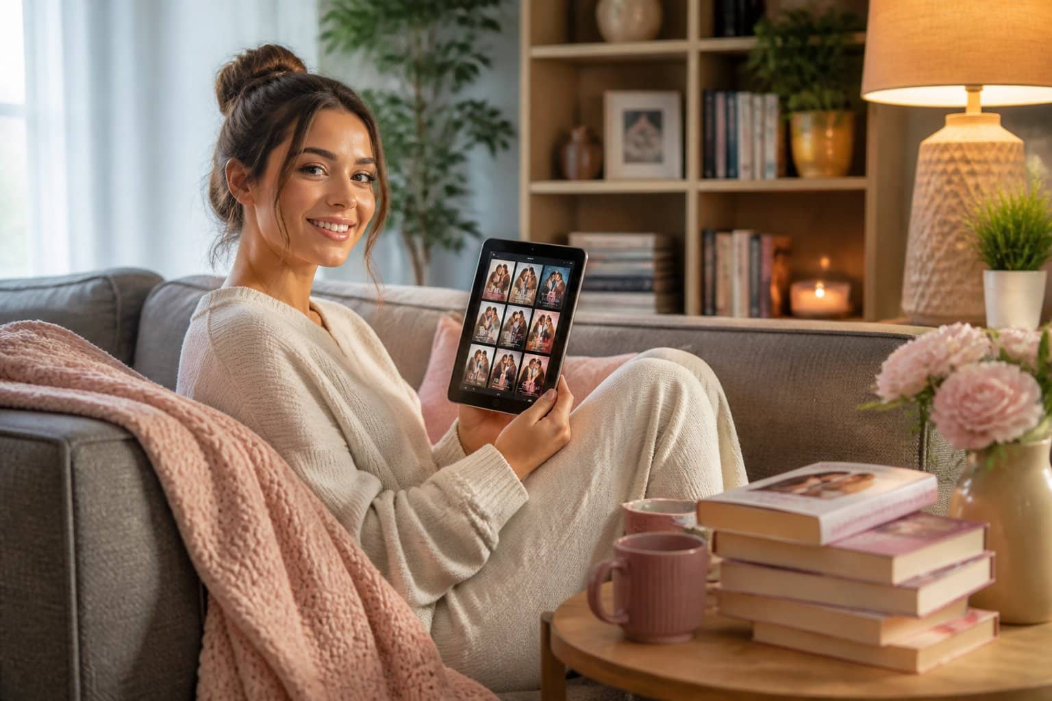 Mulher jovem sentada em um sofá confortável, lendo um livro digital em um tablet em uma sala iluminada e aconchegante.