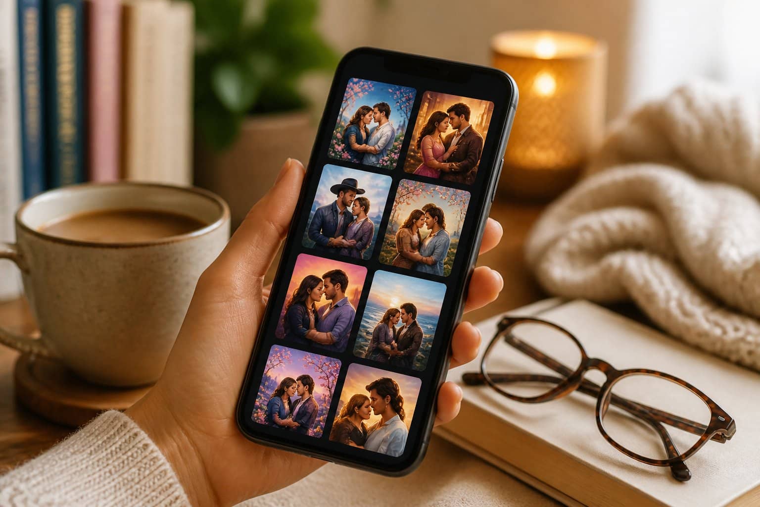 Pessoa segurando um smartphone com aplicativo de livros de romance aberto, em uma mesa com xícara de café e óculos de leitura.
