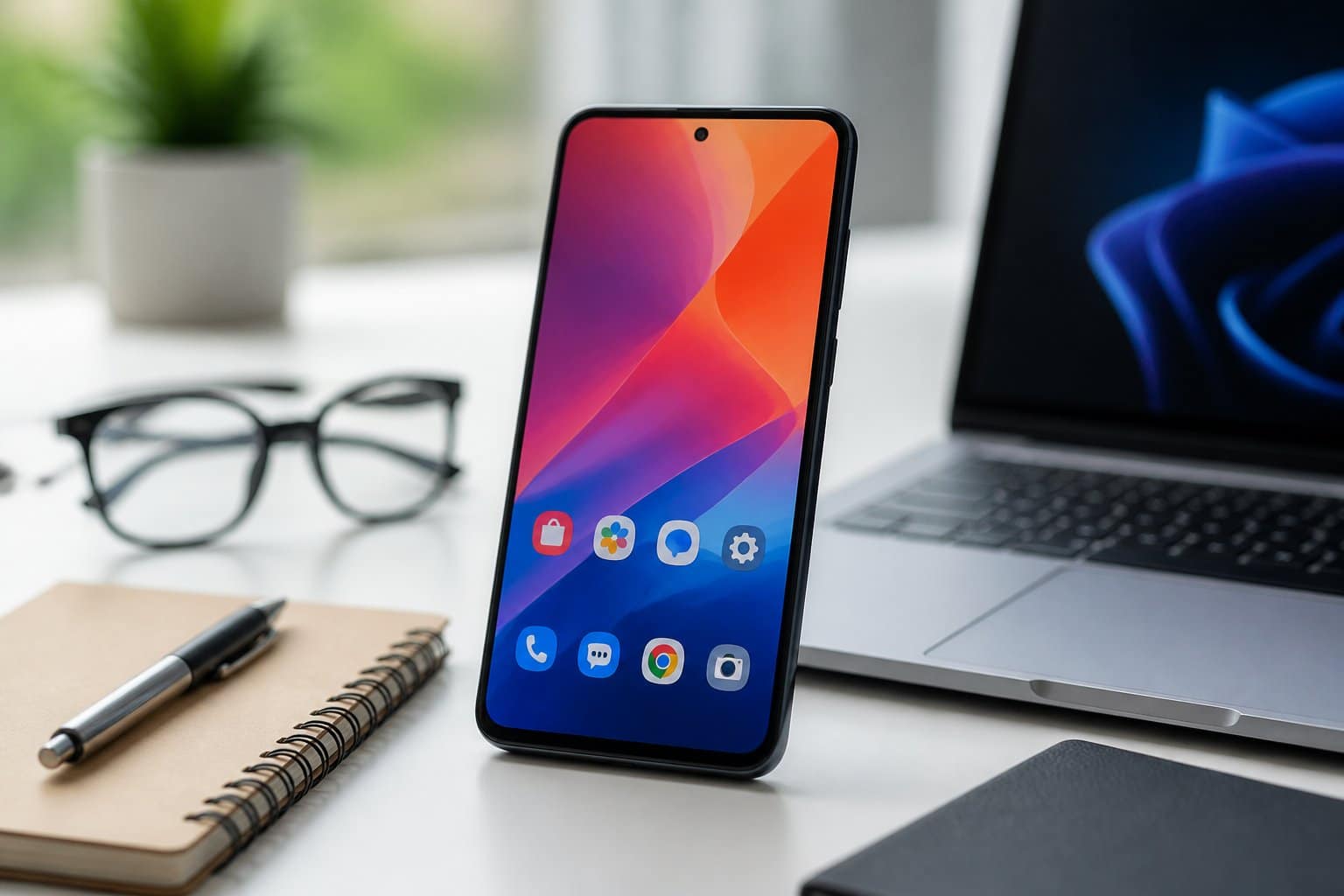 Um smartphone Moto G24 sobre uma mesa limpa com um notebook, uma caneta, um laptop e um par de óculos ao redor.