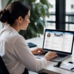 Mulher jovem sentada em uma mesa de escritório usando um laptop, com um ambiente de trabalho organizado ao redor.