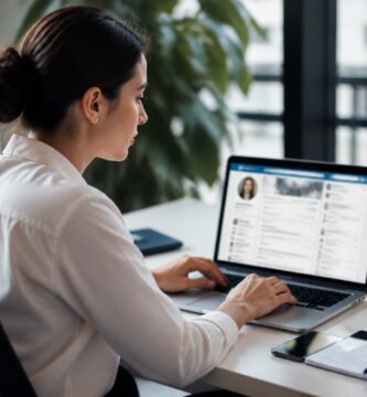 Mulher jovem sentada em uma mesa de escritório usando um laptop, com um ambiente de trabalho organizado ao redor.