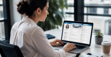 Mulher jovem sentada em uma mesa de escritório usando um laptop, com um ambiente de trabalho organizado ao redor.