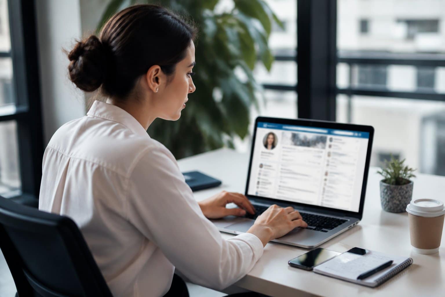 Mulher jovem sentada em uma mesa de escritório usando um laptop, com um ambiente de trabalho organizado ao redor.