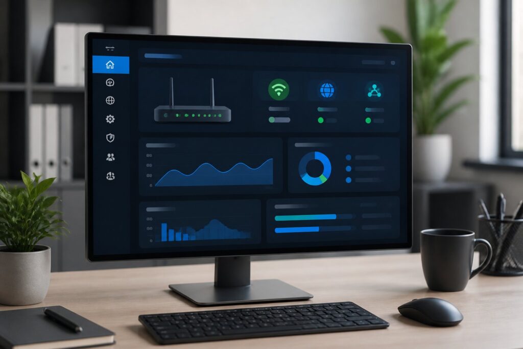 Um espaço de trabalho moderno com computador exibindo uma interface de administração de rede, em um ambiente limpo e iluminado.