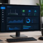 Um espaço de trabalho moderno com computador exibindo uma interface de administração de rede, em um ambiente limpo e iluminado.