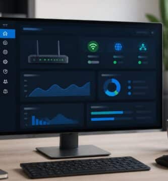 Um espaço de trabalho moderno com computador exibindo uma interface de administração de rede, em um ambiente limpo e iluminado.