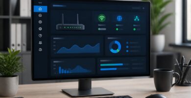 Um espaço de trabalho moderno com computador exibindo uma interface de administração de rede, em um ambiente limpo e iluminado.