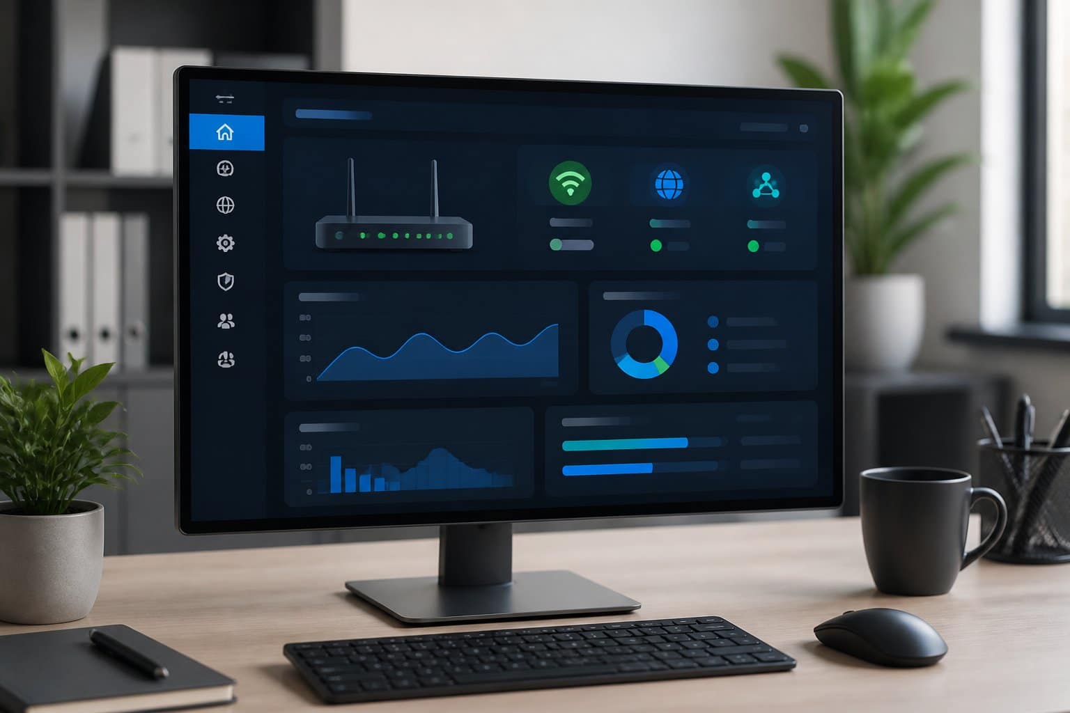 Um espaço de trabalho moderno com computador exibindo uma interface de administração de rede, em um ambiente limpo e iluminado.