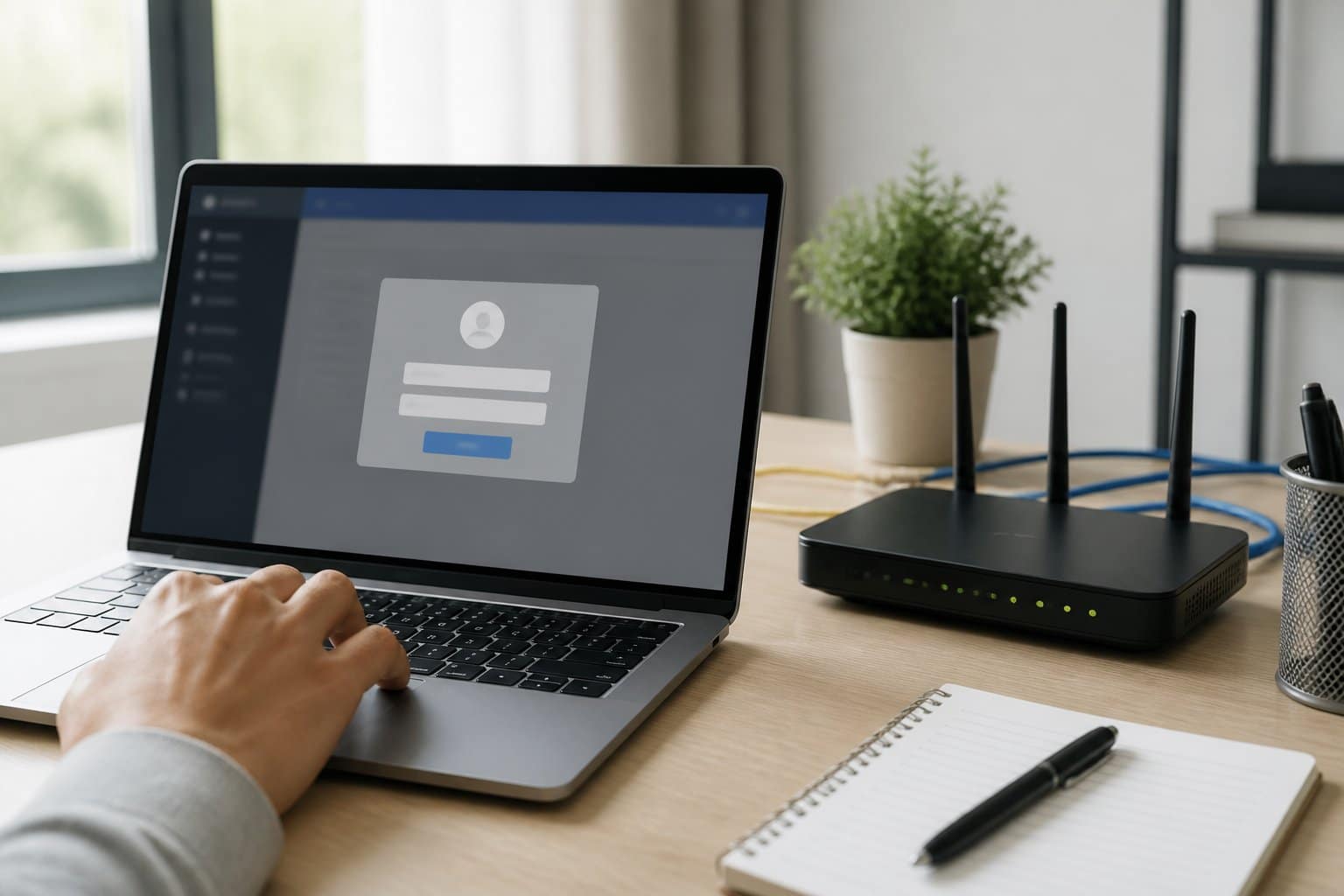 Pessoa usando um laptop em uma mesa com um roteador próximo, em um ambiente de escritório moderno.