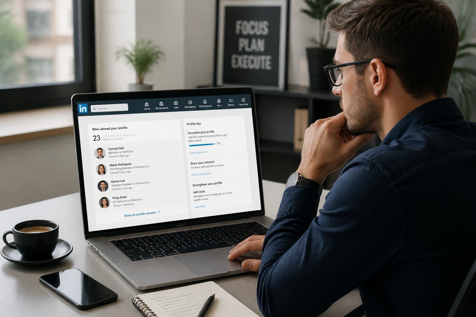 Pessoa sentada em uma mesa de escritório moderna, olhando atentamente para a tela de um laptop com interface do LinkedIn, em um ambiente iluminado e organizado.